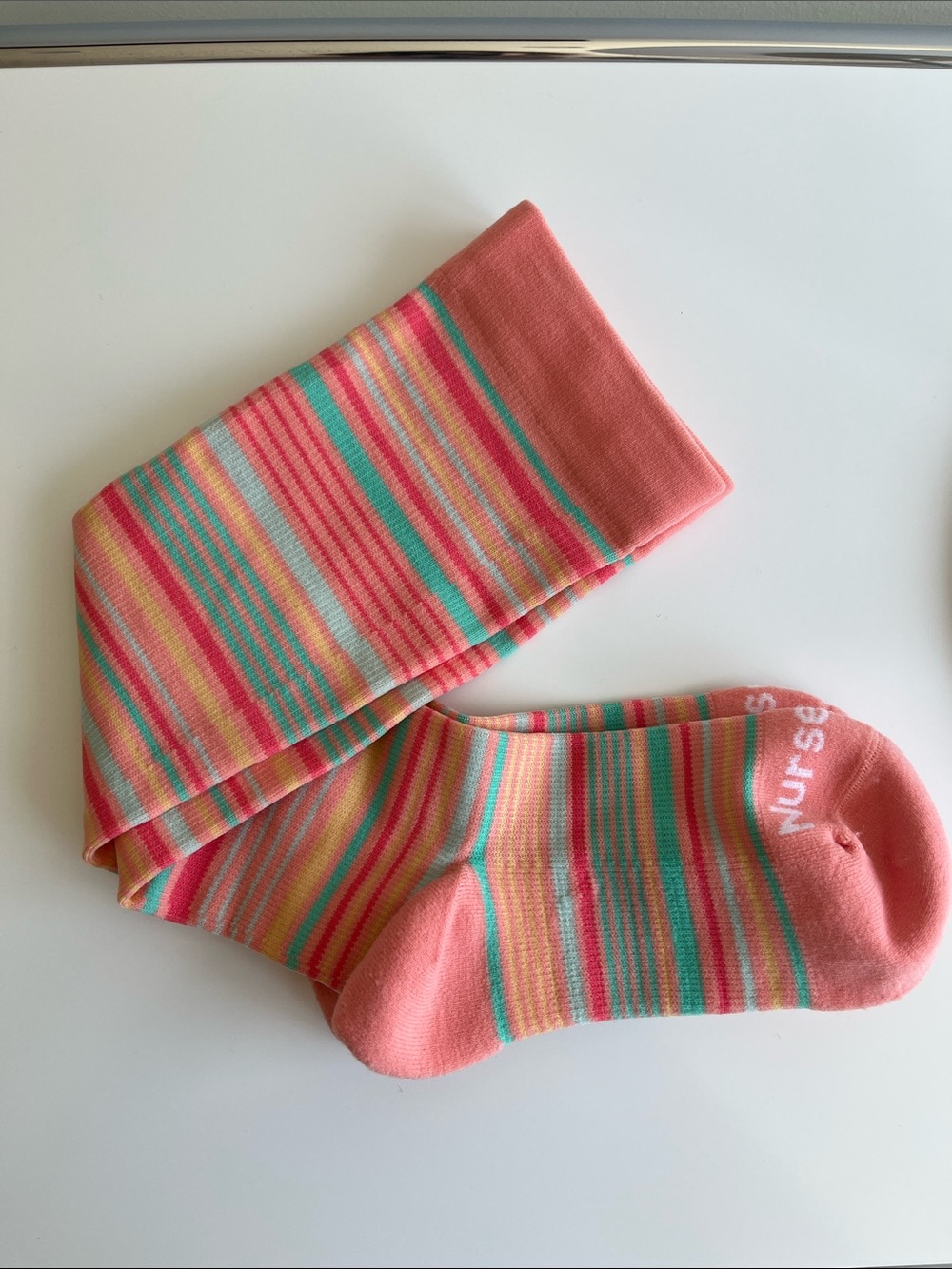 Nurse Yard Coral and Multi-Stripe Compression Socks